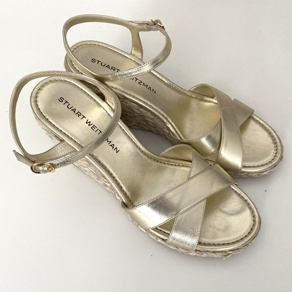 Stuart Weitzman Dayna Espadrille Wedge Sandal Leather Light Gold Natural 10.5 B - Picture 2 of 10
